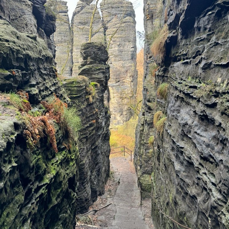 Narrow stone path between tall rock formations with sparse vegetation and railing.