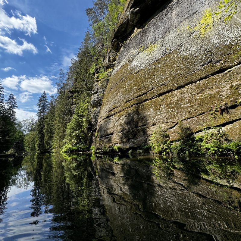 Cliffside with trees reflected in a calm river under a blue sky.