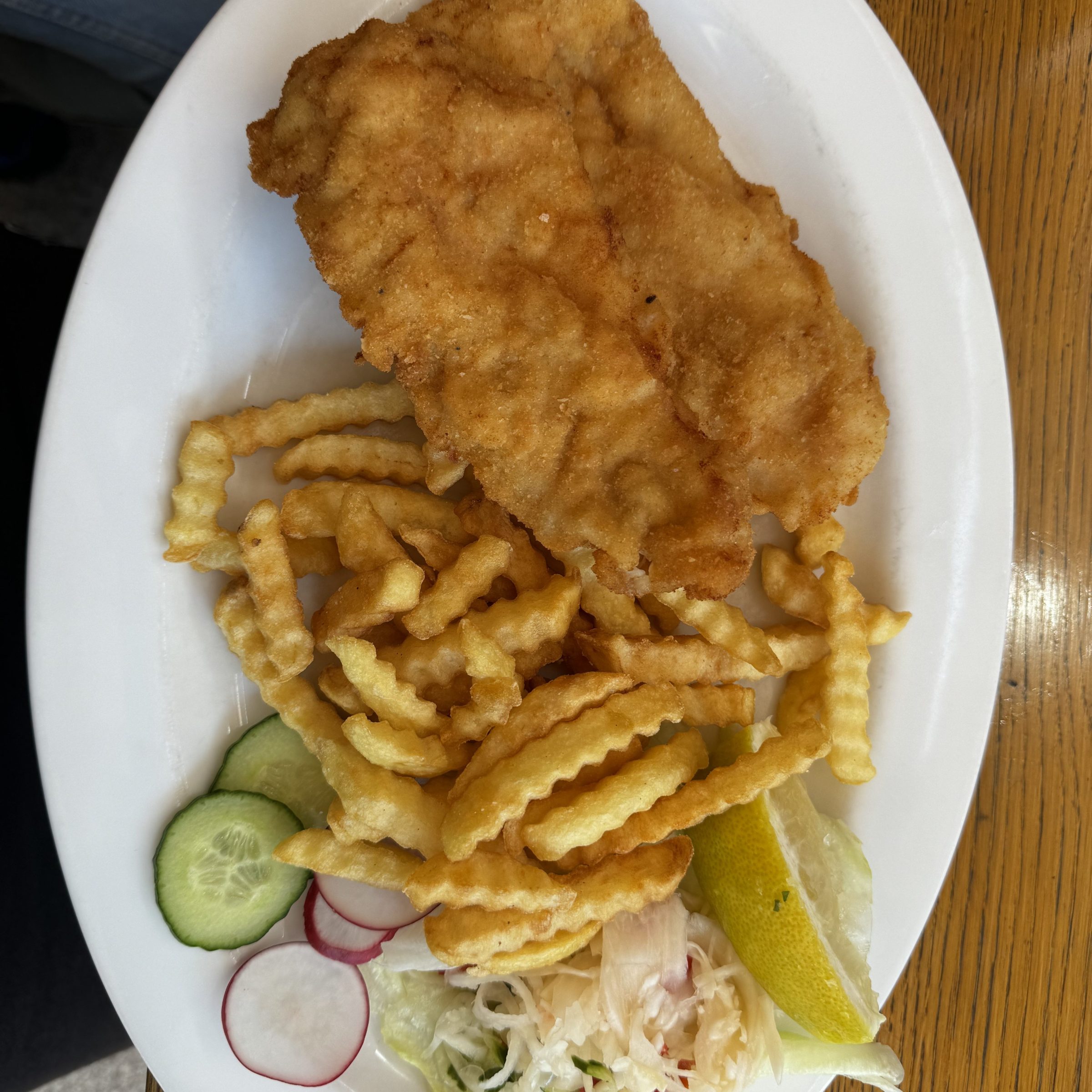 Plate with breaded meat, crinkle-cut fries, salad, lemon wedge, cucumber, and radish slices.
