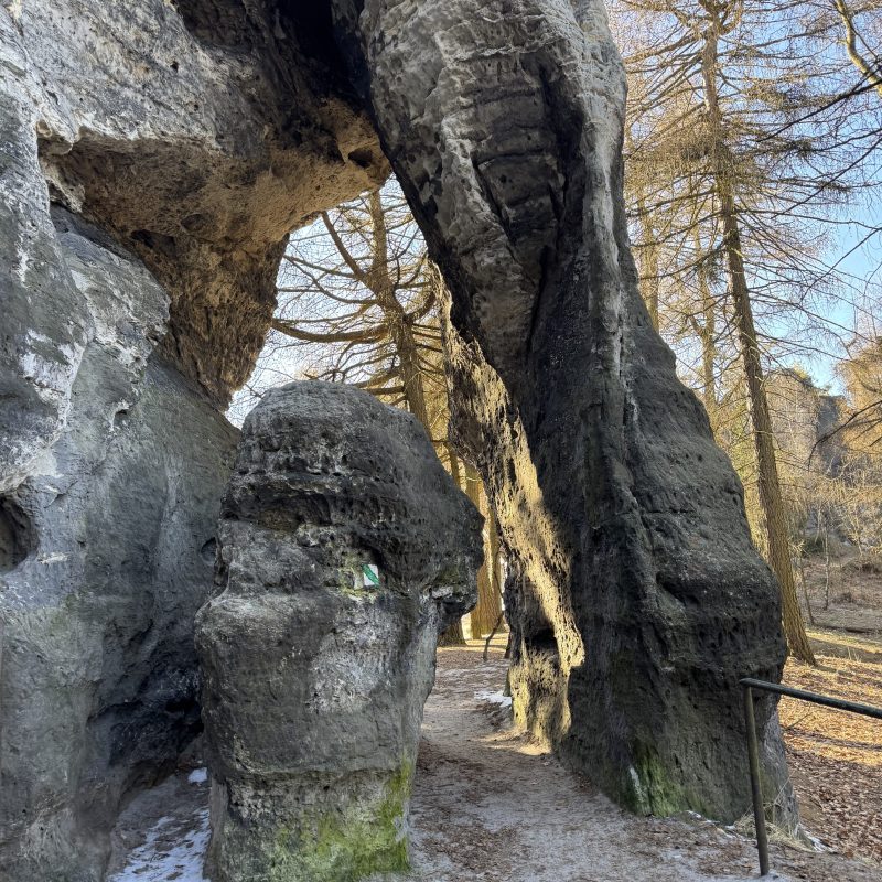Rock archway in a forest with trees and sunlight.