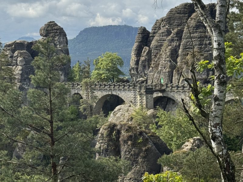Stone bridge amidst tall rock formations and trees under a cloudy sky.