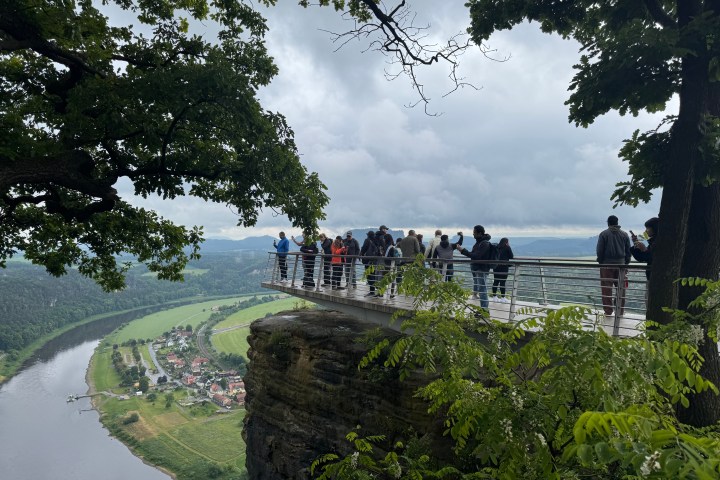 People on viewing platform over river valley, surrounded by trees.