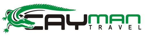 Logo with green alligator above stylized text 'CAYMAN Travel'.