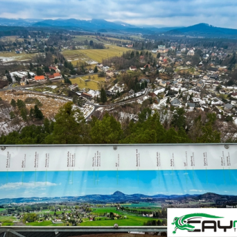 Panoramic view of a snowy village landscape with a tourist map in the foreground.