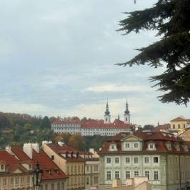 Scenic view of historic buildings with red roofs and a church in a European city under a cloudy sky.